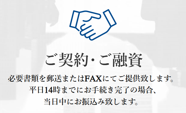 キャレントの契約・融資は、平日14時までに手続き完了すれば、当日中の融資が可能